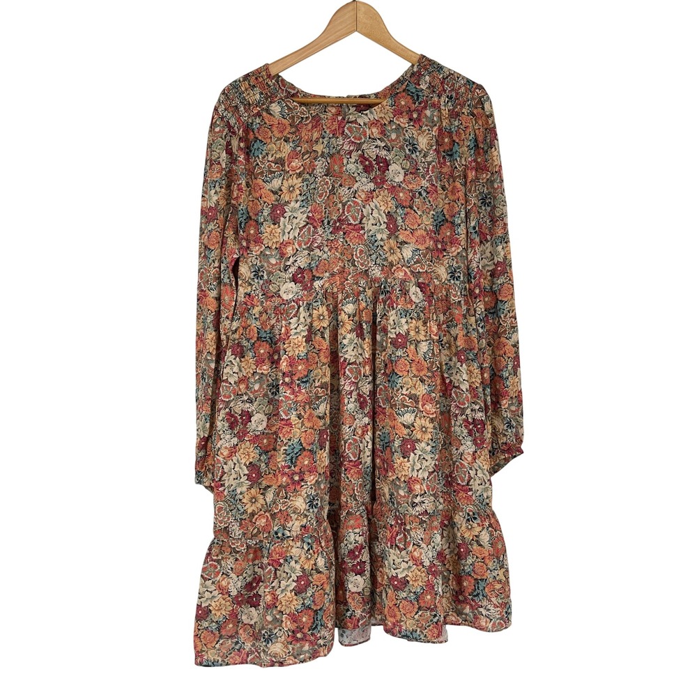 Peruvian Connection‎ Vintage Blooms Floral Long Sleeve Smocked Mini Dress Size M